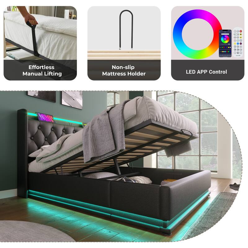 Metal Frame Storage Bed LED PU Upholstered Platform Bed, Queen