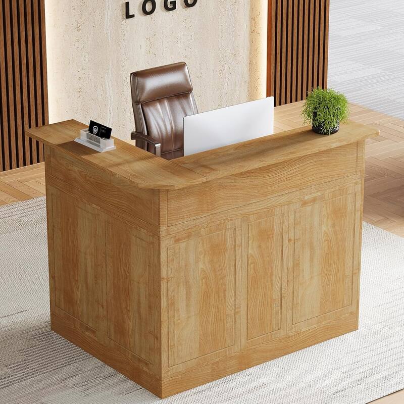 Reception Desk with Storage Shelves, L-Shaped Modern Front Desk - Light Browm