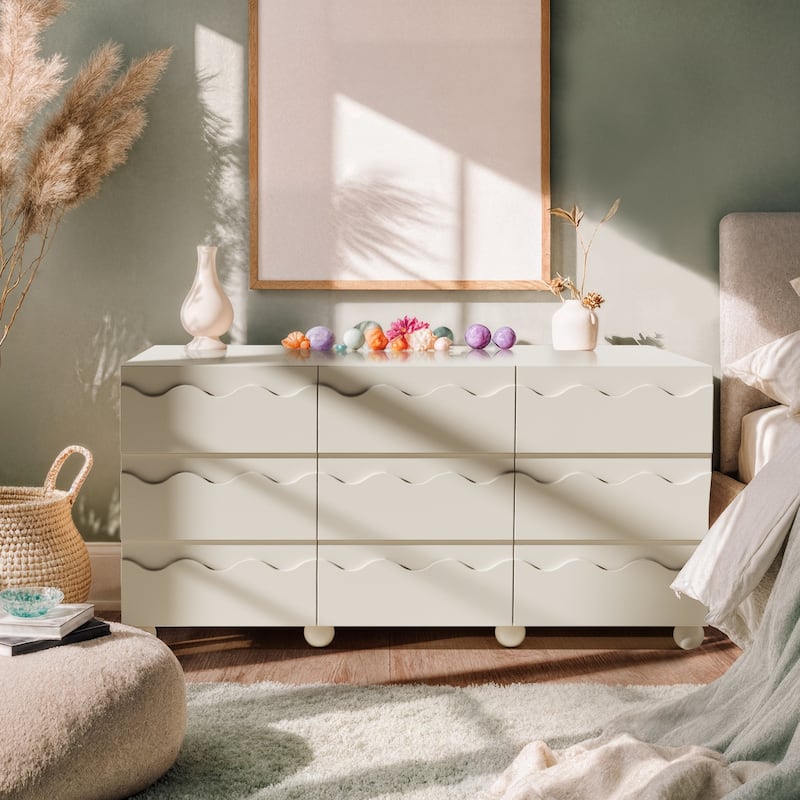 Wave Front 9 Drawer Dresser Handle-Free Modern Storage Cabinet - Beige