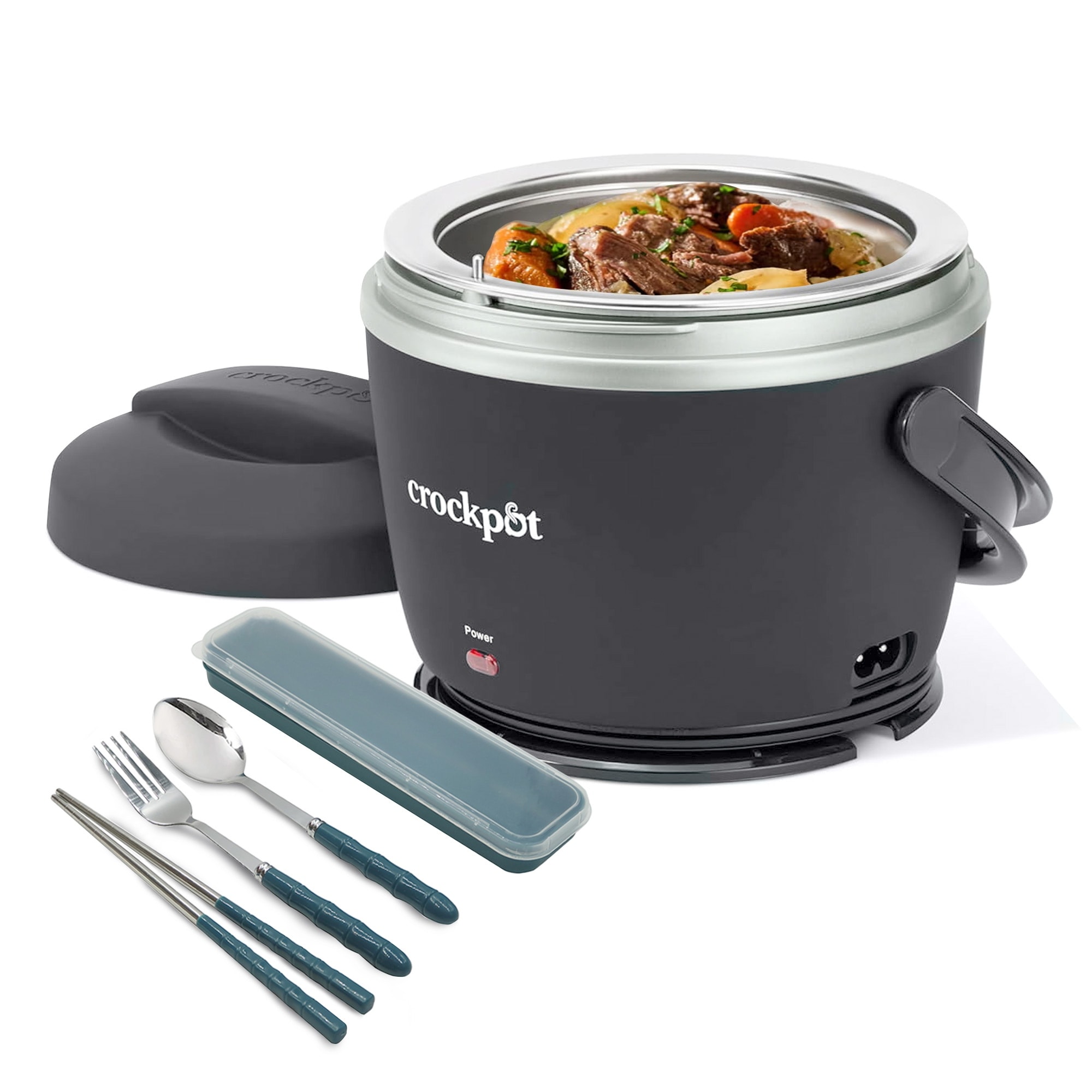 Crock-Pot Electric Lunch Box, Portable Food Warmer 20-Oz. Black Licorice + Travel Cutlery Set - Spoon, Fork & Chopsticks