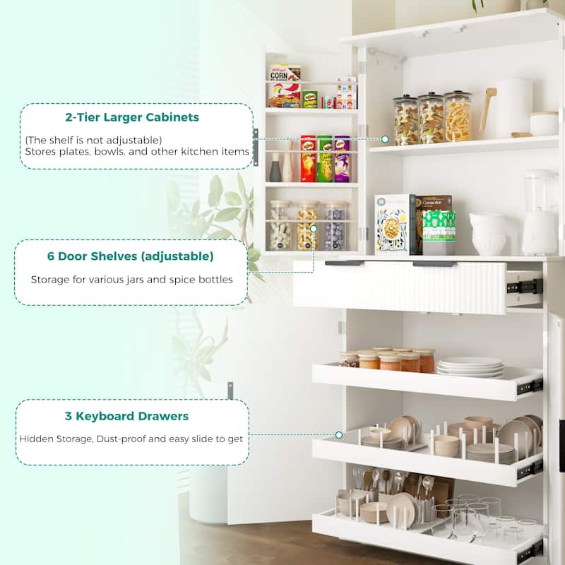 Kitchen Pantry Cabinet with 3 Keyboard Drawers and 6 Door Shelves