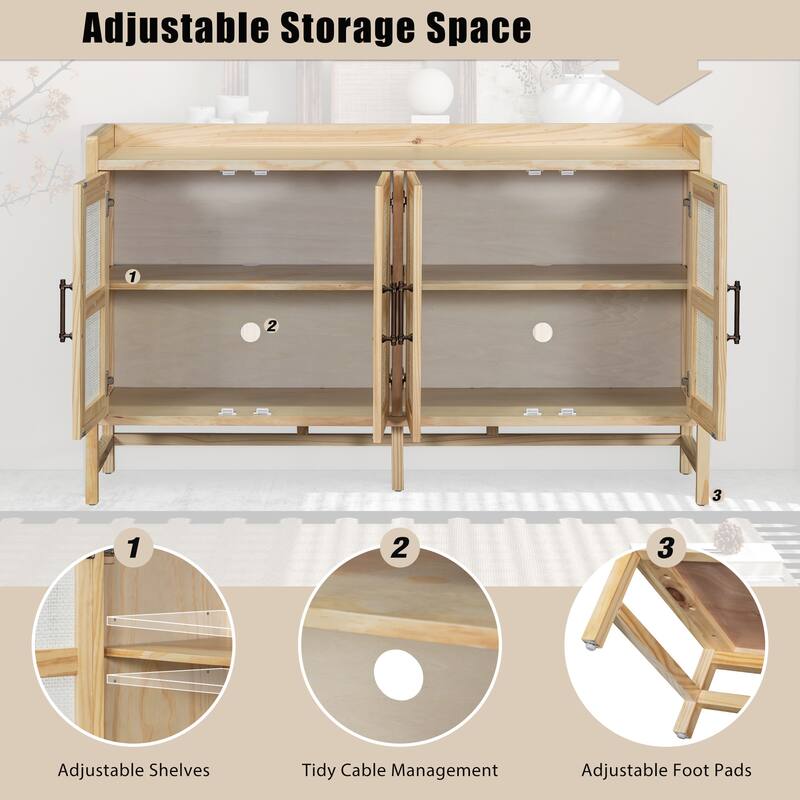 4 Doors Rattan Accent Storage Cabinet Buffet Cabinet, Solid Pine Legs