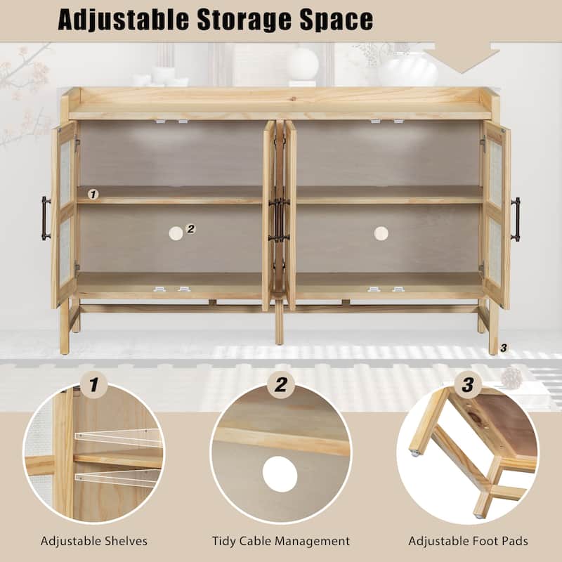 Sideboard Rustic Buffet Cabinet, sideboard cabinet with Decorative Rattan Doors, Buffet Cabinet with Storage