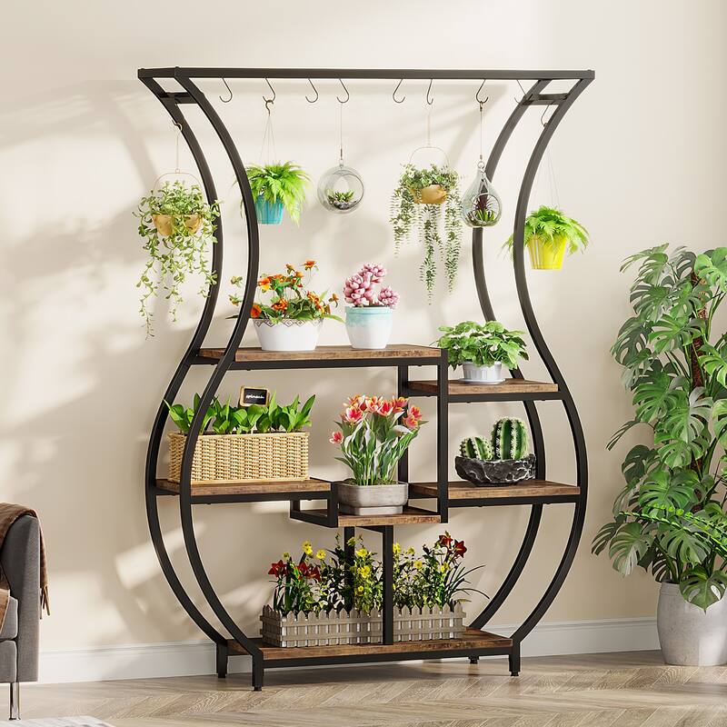 6 Tier Metal Plant Stand, 71 Inch Tall Plant Shelf with 10 Hanging Hooks - 47.2” W*11.8” D*70.9” H