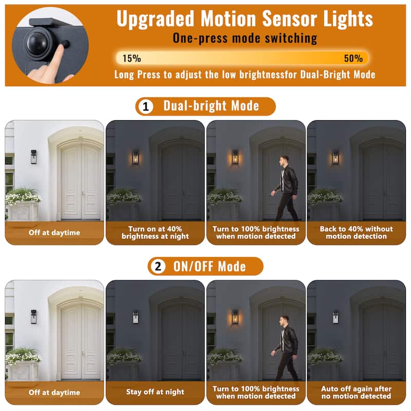 C Cattleya 2-Pack 14.5inch Matte Black Motion Sensor Outdoor Wall Lanterns with Clear Tempered Glass