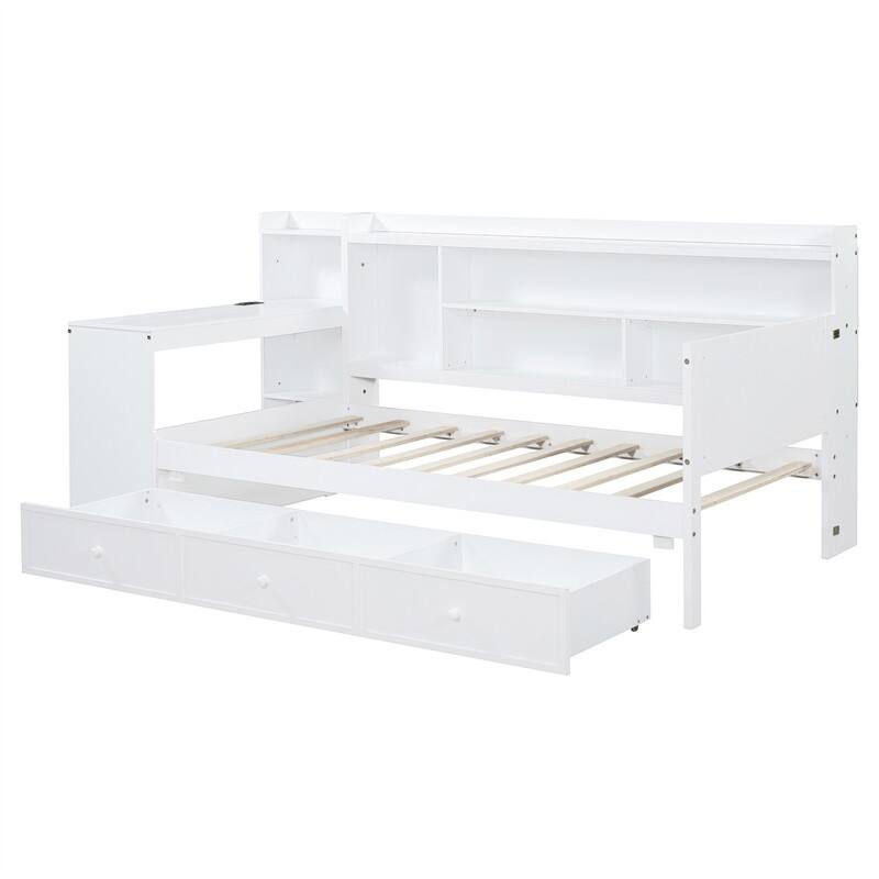 Twin/Full Daybed with 3 Storage Drawers and Bedside Desk, Wooden Day Bedframe Sofa Bed with Storage Shelves and USB Ports