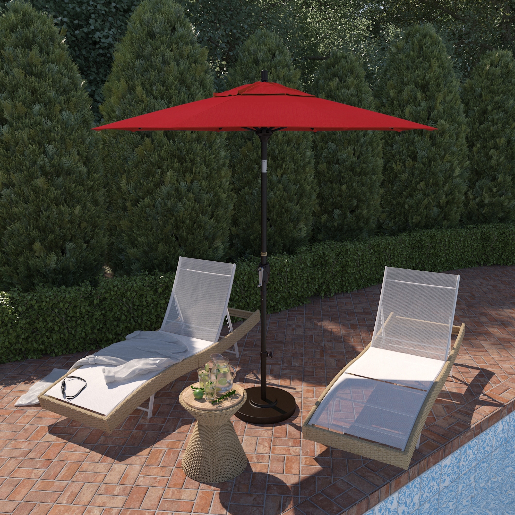 7.5 patio umbrella terra cotta Garden Eucalyptus A shady spot on a warm day offers a perfect opportunity to enjoy the outdoors Origin 21 9-ft Aluminum Red