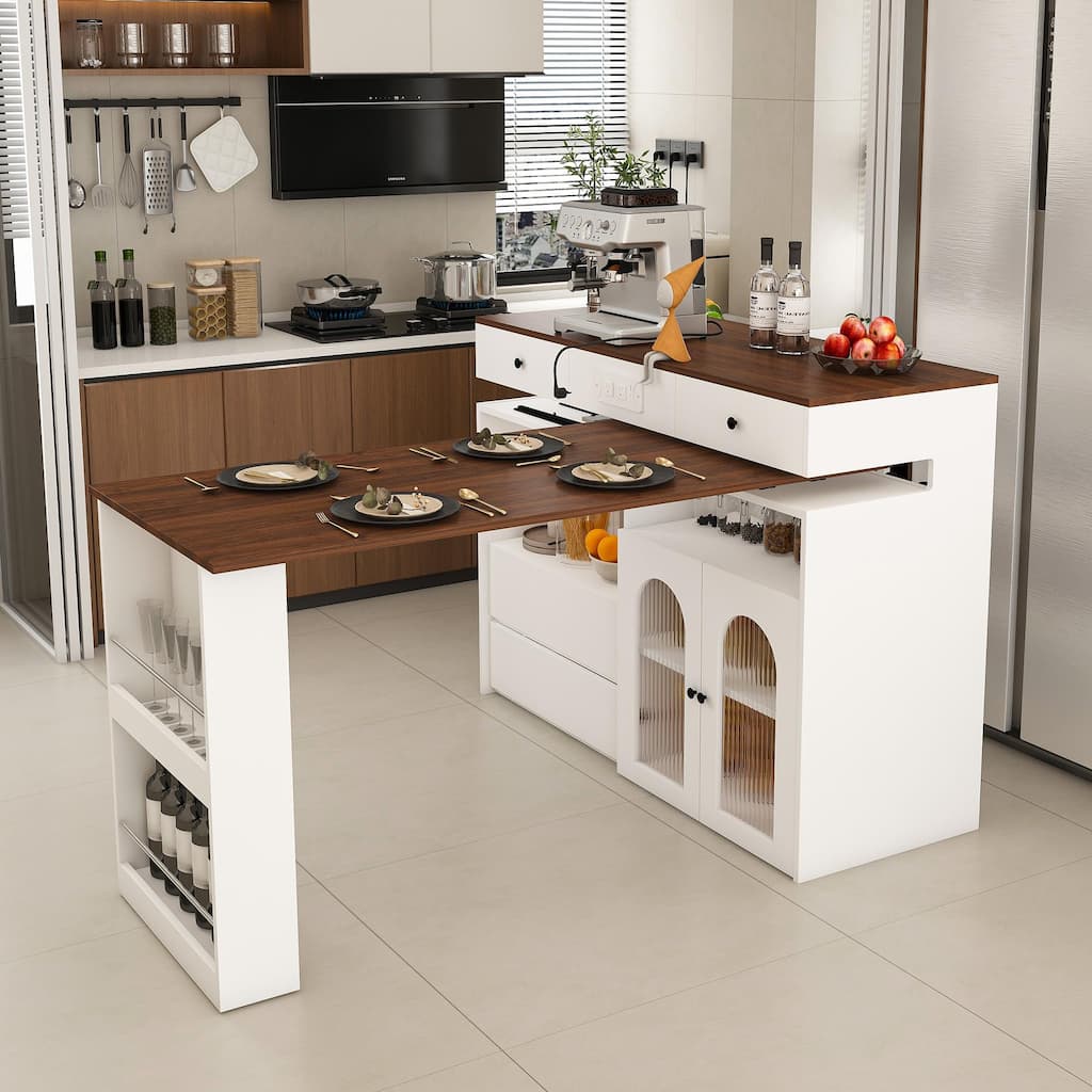 Kitchen Island with Extendable & Rotating Table, Kitchen Table with Power Outlet, 4 Drawers & Glass Door Cabinets
