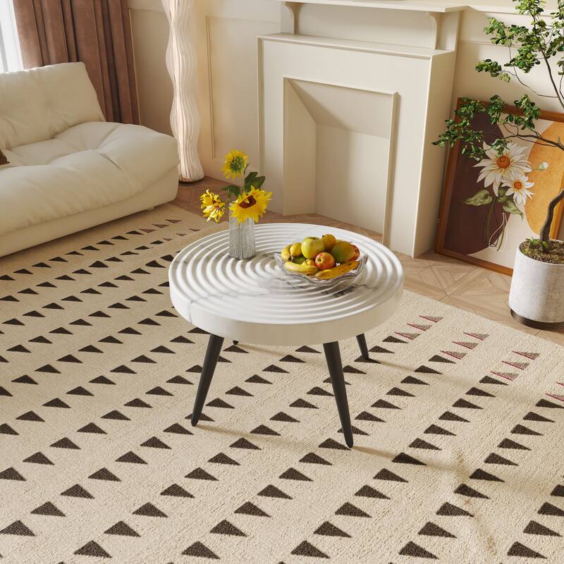 31-inch Modern farmhouse-style living room coffee table, round table with natural finish, white marble style - White
