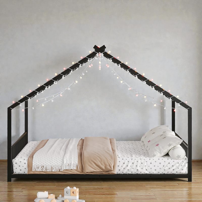 Full Size Kids House Bed Frame with LED Light Strips, Roof-Shaped Metal Floor Bed for Boys & Girls, No Box Spring Needed