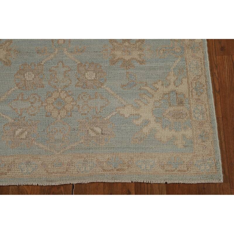 Vegetable Dye Oushak Turkish Runner Rug Handmade Blue Wool Carpet - 2'10" x 9'10"