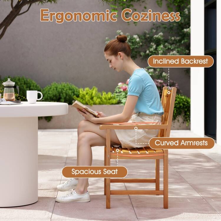 Set of 2 Natural Acacia Wood Patio Dining Chair with Slatted Seats, Ergonomic Back and Durable Frame