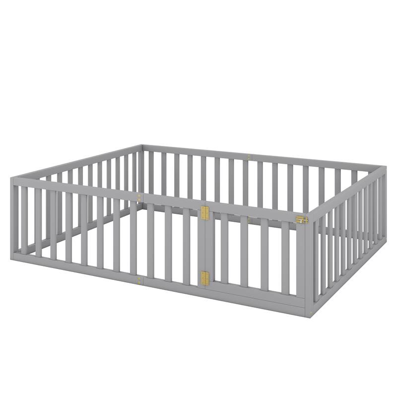 Versatile Queen Size Floor Bed Frame with Safety Fence and Open Door