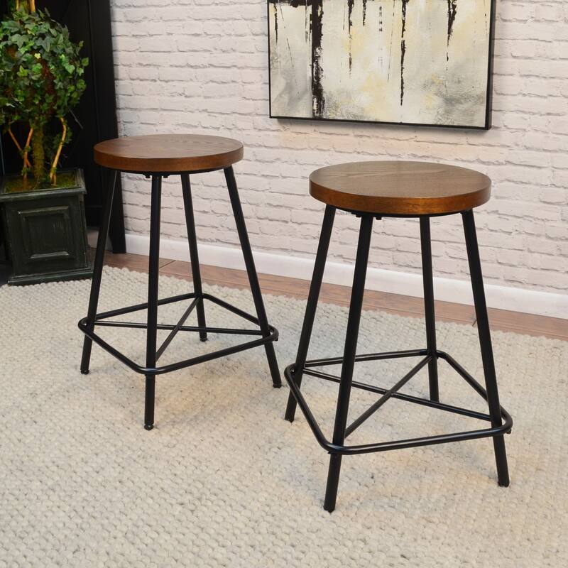 Set of 2 Brown Black Farmhouse Counter Stools with Tubular Base 24"