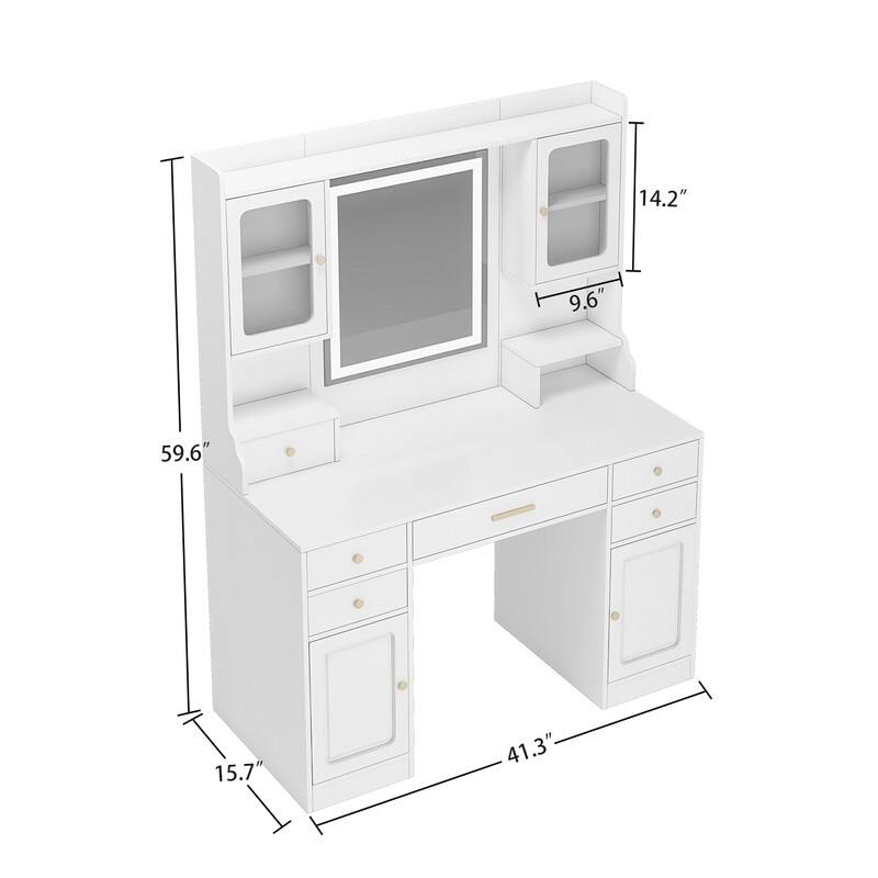 Vanity Desk with LED Light Mirror, Makeup Vanity Dressing Table with 6 Drawers & Storage Shelves, Vanity Table with 4 Lockers