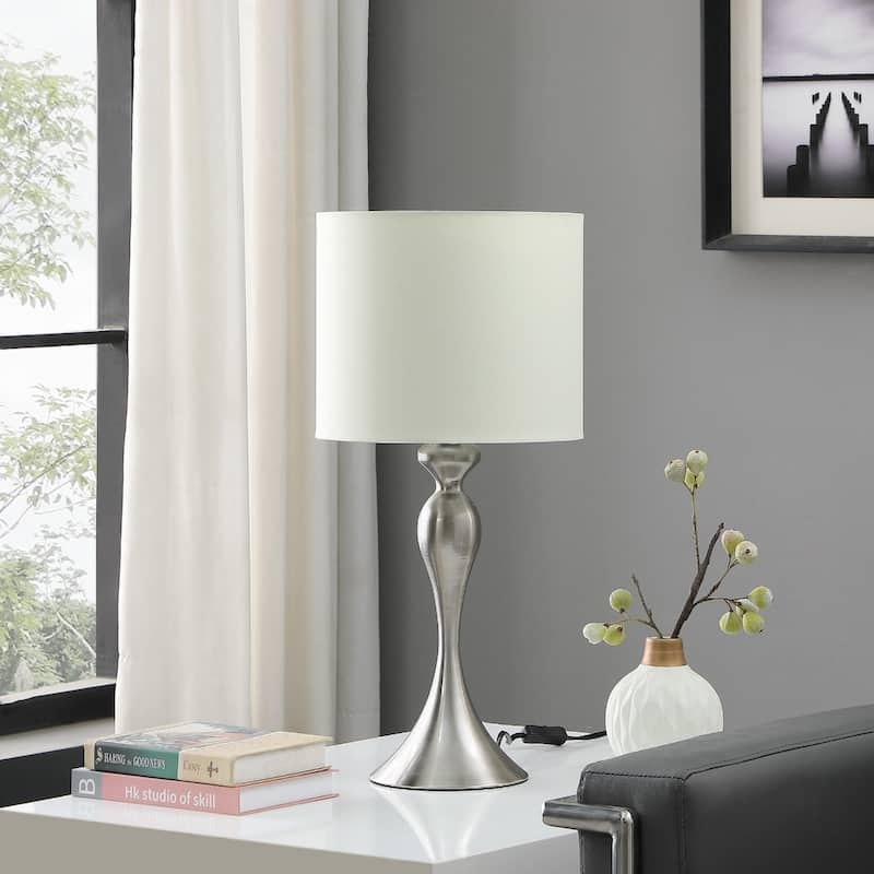 25" Modern Metal Table Lamp with White Drum Shade and Candlestick Design Base Shape In-Line Switch - 24.5"H x 12"W x 12"D