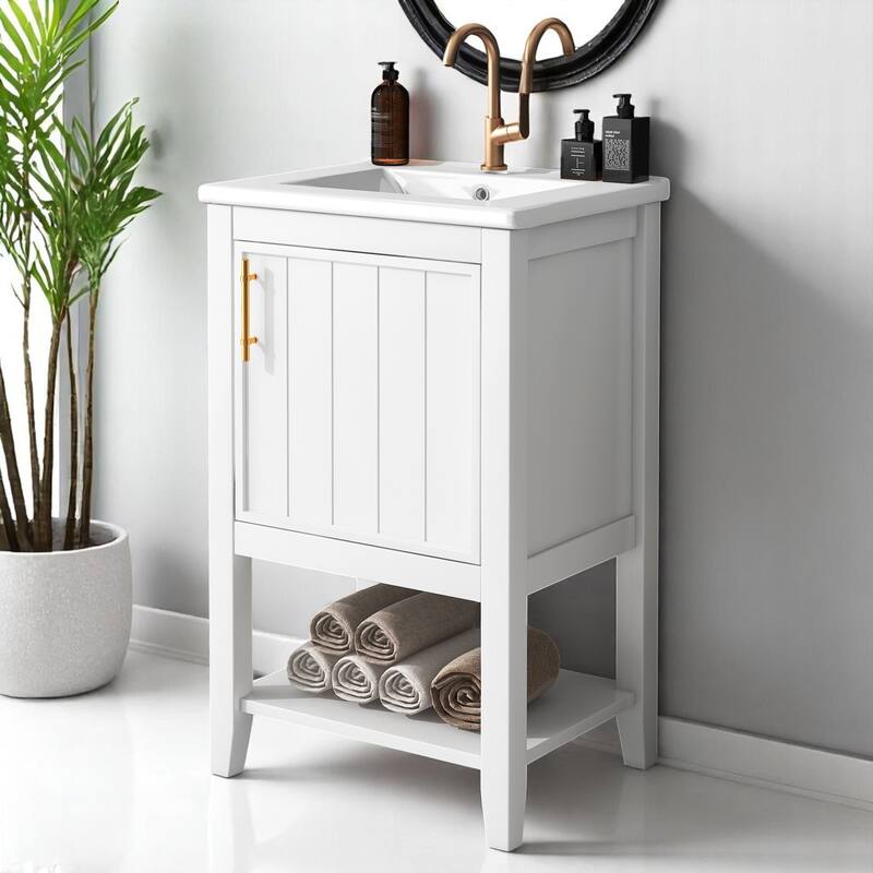 20" Bathroom Vanity Cabinet with Ceramic Sink, Soft Close Door, Storage Rack and Open Shelf - White