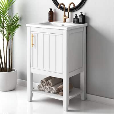 20" Bathroom Vanity Cabinet with Ceramic Sink, Soft Close Door, Storage Rack and Open Shelf
