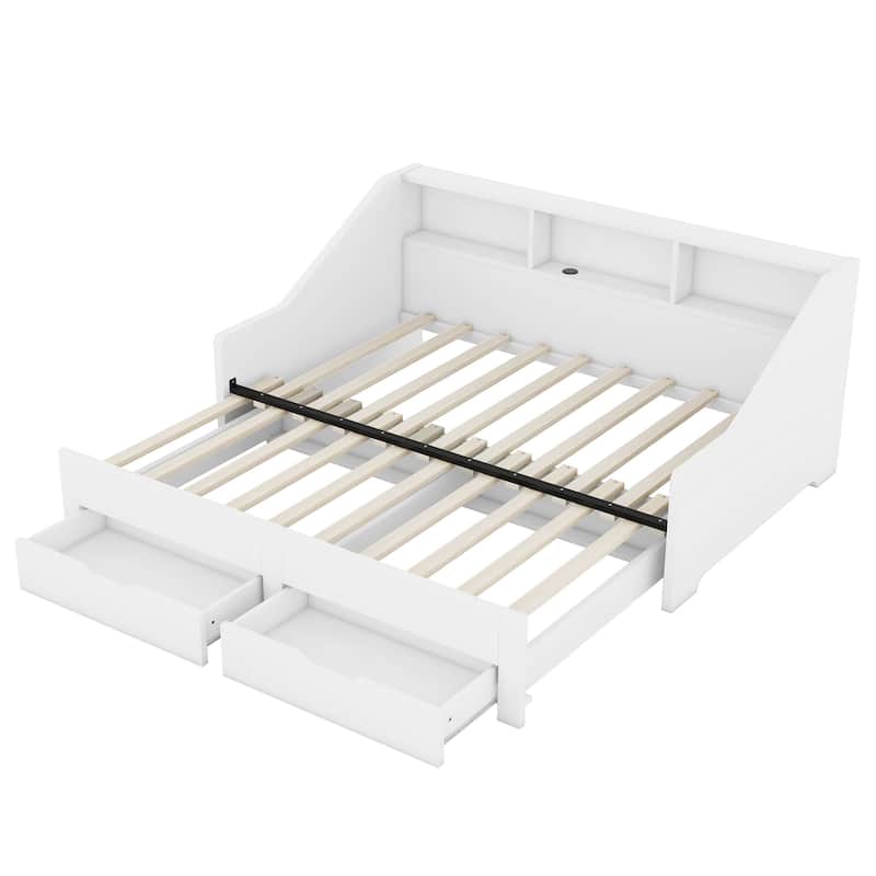 Twin to King Size Daybed Frame with Storage Bookcases and Two Drawers