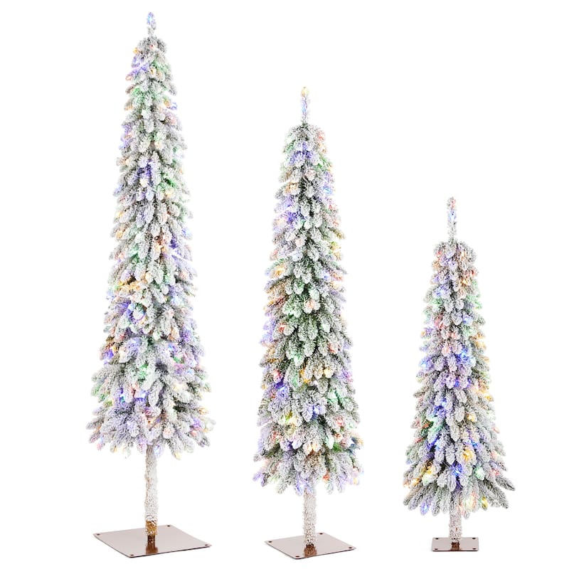 Glitzhome 4.5ft&6ft&7.5ft Pre-Lit Flocked Artificial Christmas Tree in Pot with Warm White LED Lights Porch Decor,Pack of 3