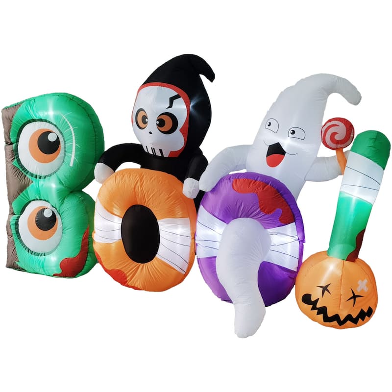 Haunted Hill Farm 8-ft. Wide Prelit Inflatable Boo Sign with Reaper and Ghost