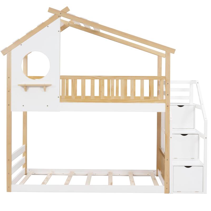 Stairway Twin-Over-Twin Bunk Bed,House Bed,Storage and Guard Rail,Natural Bed +White Stair