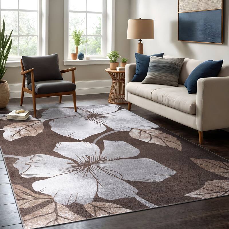 Bahamas Black White Floral Non-Slip Rubber Back Indoor Area Rug