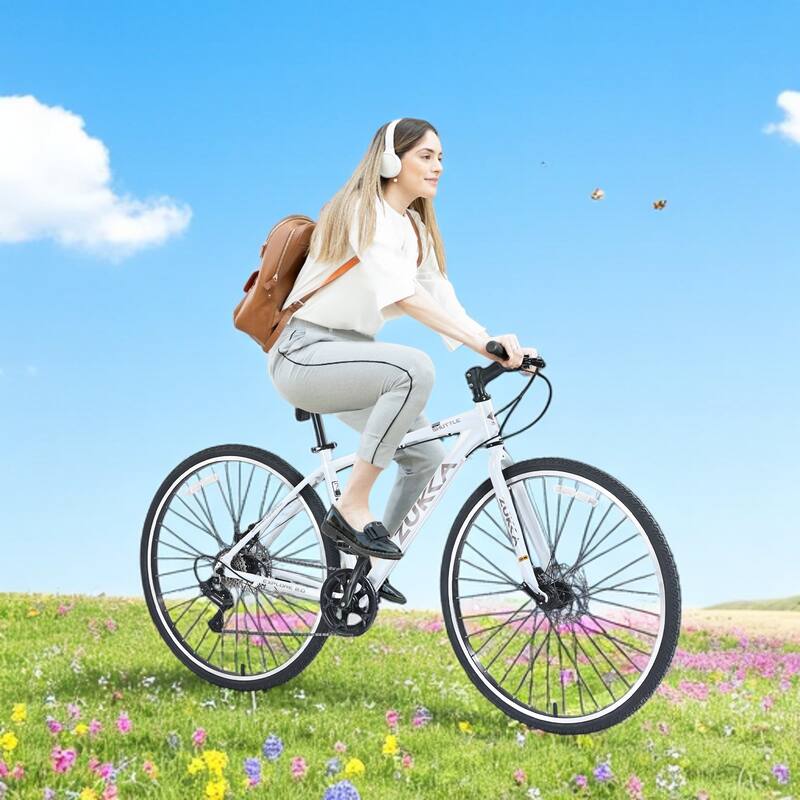 Shimano 7-Speed Hybrid Bike with Aluminum Alloy Frame, Disc Brakes, and 700C Tires for Men & Women, Road & City Bicycle - White