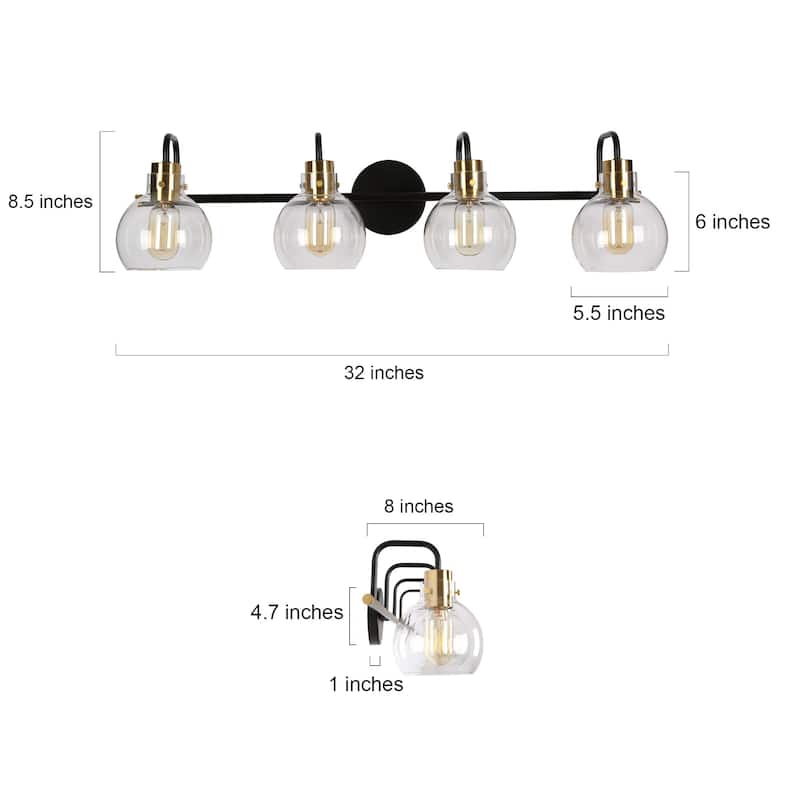 Modern Black Gold 4-Light Linear Bathroom Vanity Lights Globe Glass Wall Sconces - 32" L x 8" W x 8.5" H