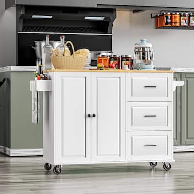 3-Drawer Rolling Kitchen Island Cart with Drop-Leaf Countertop & Storage Cabinet