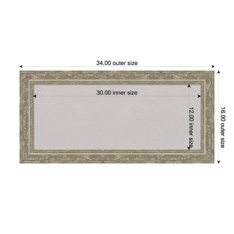 Filigree Silver Framed Cork Board - Bulletin Board, Organization Board, Pin Board - Grey - 34 x 16 in