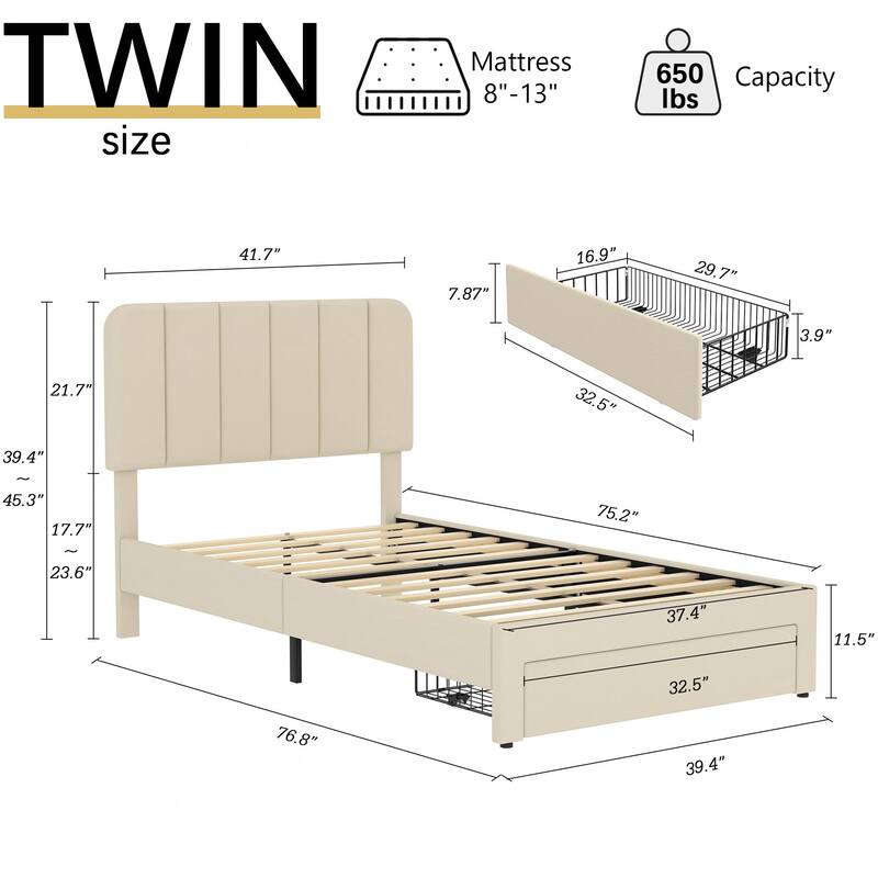 VECELO 2-Pack Kid Bed Frame Set Twin Size Platform Bed with Adjustable Upholstered Headboard Storage Drawer No Box Spring Needed