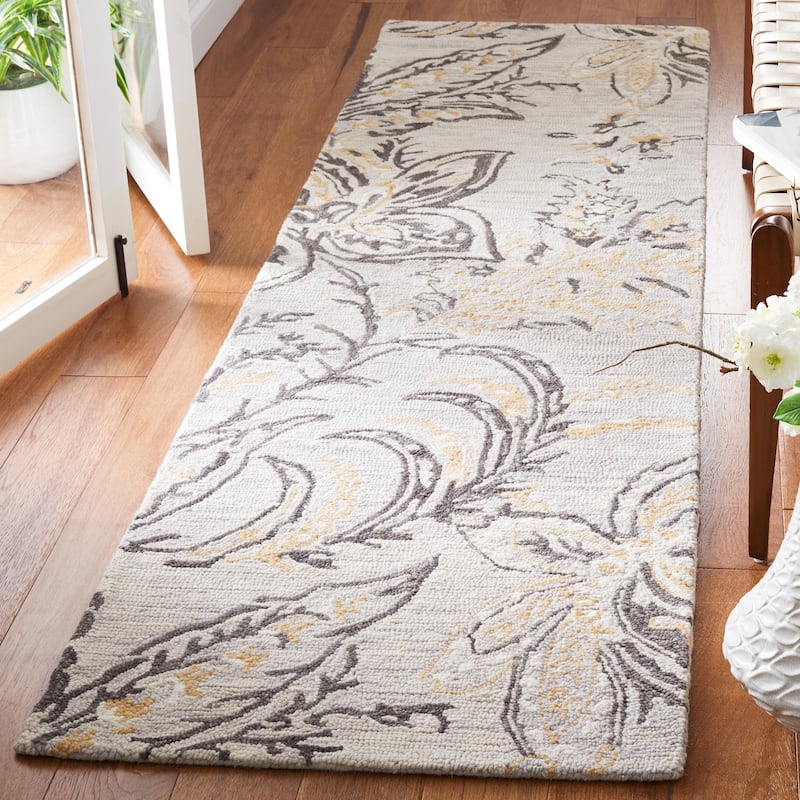 SAFAVIEH Handmade Blossom Friedel Wool Rug - 2'3" x 8' Runner - Grey/Yellow