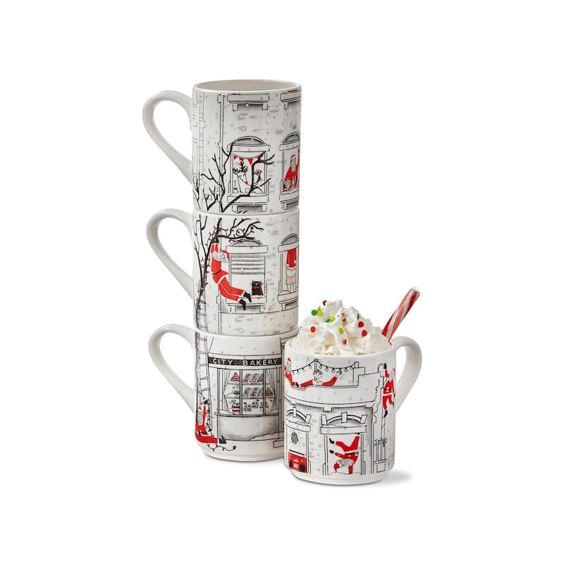 Santa Cityscape Stacking Mugs Set of 4 - 16oz Bone China Drinkware for Christmas - Dishwasher Safe, Multicolor
