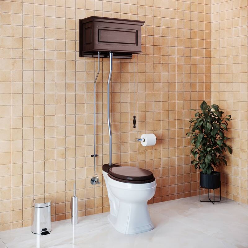 Dark Oak Wooden High Tank Toilet Raised Tank, White Elongated Bowl and Satin Z Pipe