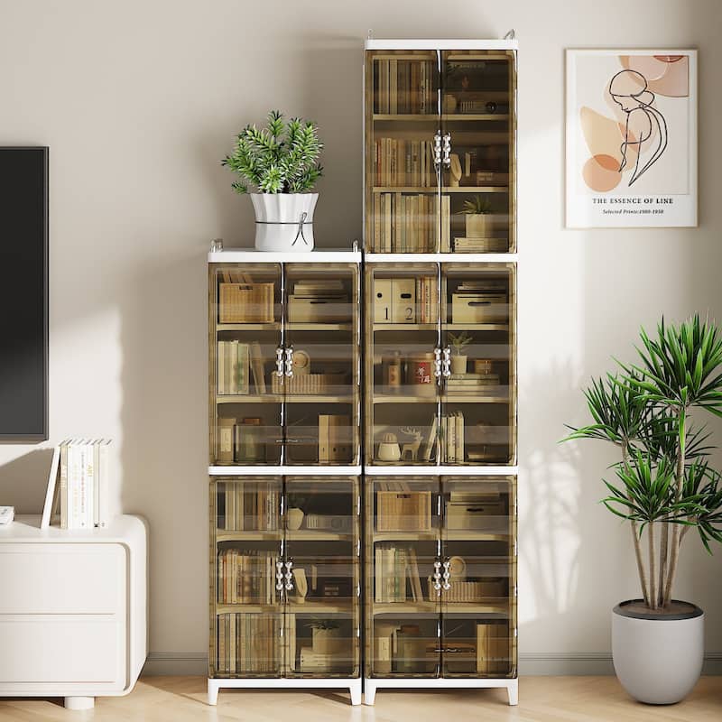 VECELO 2/3-Tier Plastic Storage Cabinet with Transparent Tea-Colored Doors Quick No-Tools Assembly Multi-Purpose Organization