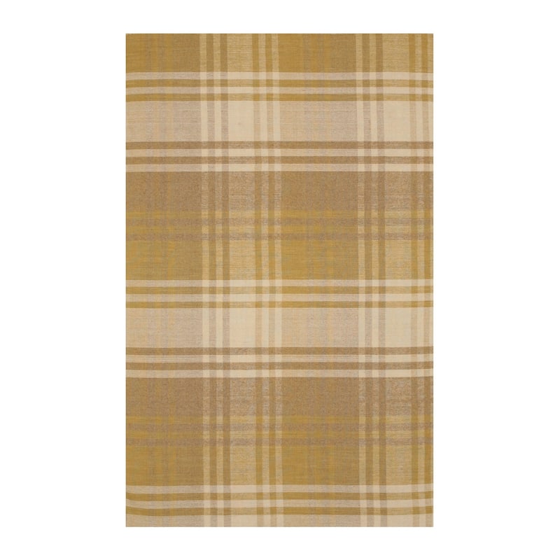 Yellow Handmade Wool Transitional Plaid Rug, 12' x 15', Bright Cozy Statement Piece - L