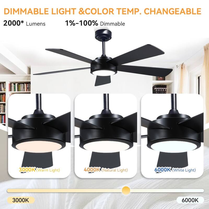 52" Modern Ceiling Fan with Light and Remote,APP Control,Suitable for Sloped Ceiling,Reversible Blades,DC Motor - 52 Inches