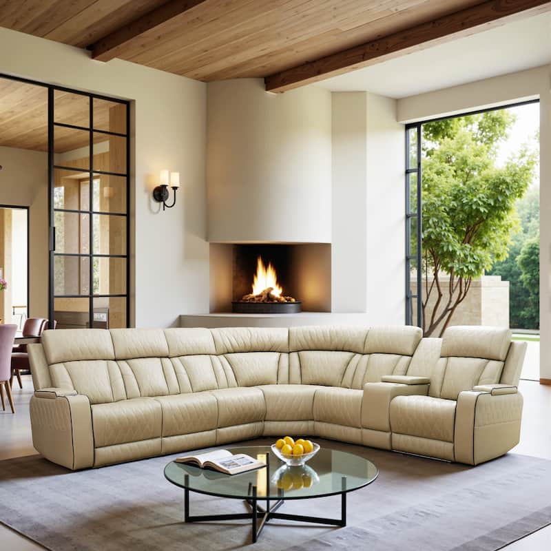 Beige 3-Piece Breathing Leather Living Room Recliner Sofa set