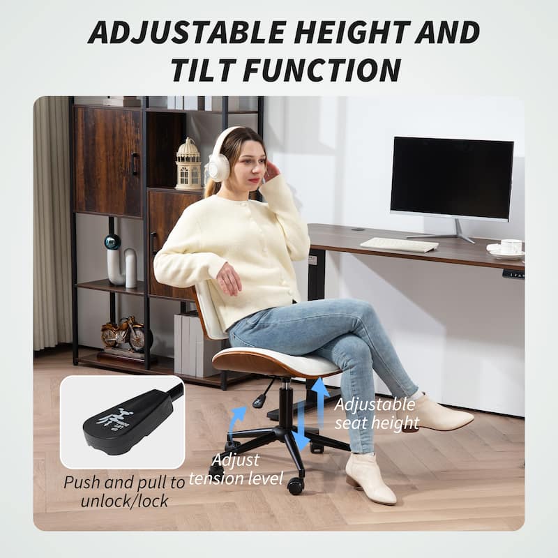 HOMCOM Home Office Chair No Arms with Wheels, PU Leather Mid Back Small Desk Chair with Adjustable Height, 360 Degree Swivel