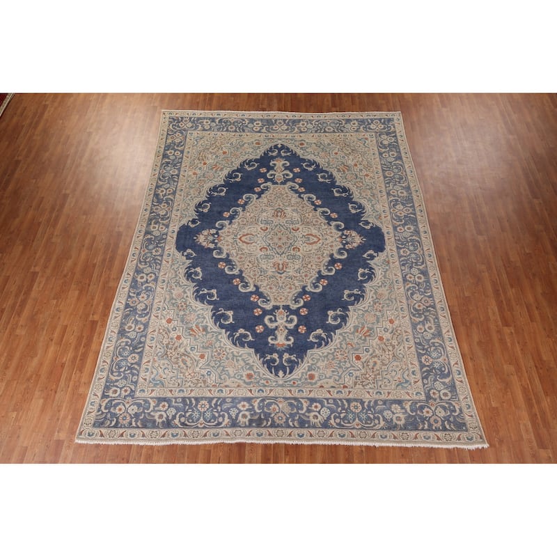 Blue Tabriz Persian Vintage Area Rug Handmade Wool Carpet - 9'9" x 12'9"