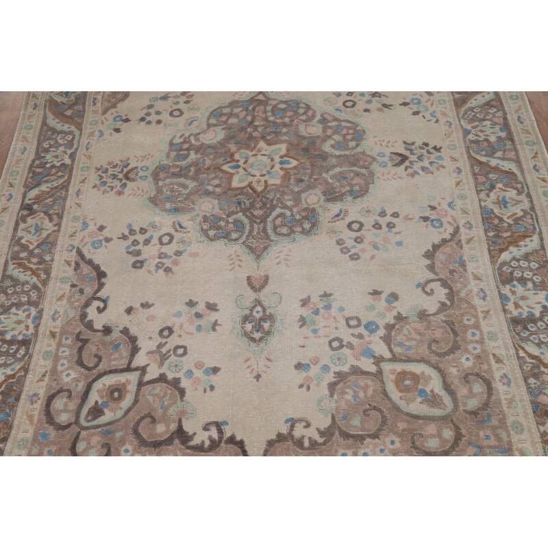 Floral Tabriz Persian Rug Hand-Knotted Traditional Beige Wool Carpet - 6'8"x 10'0"