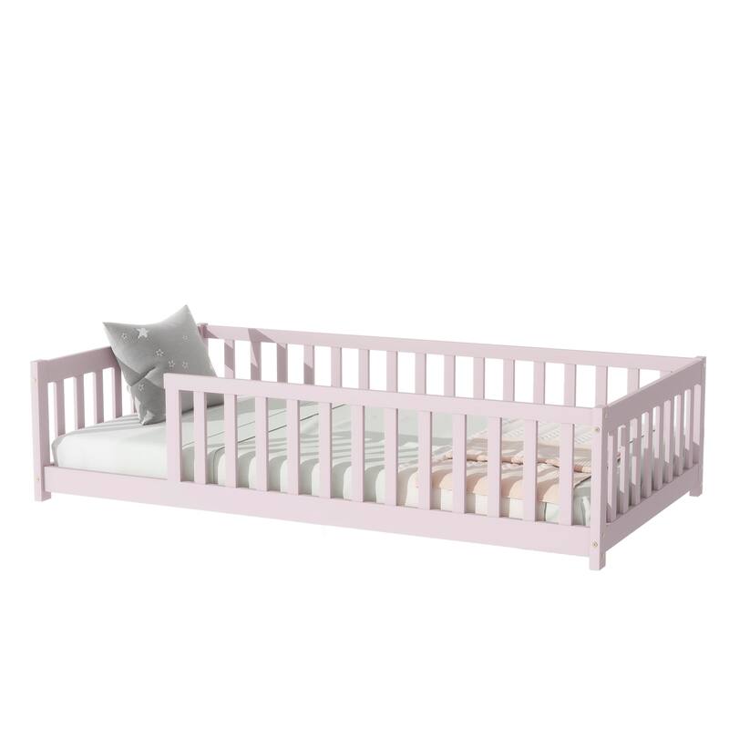 Rubber Wood Twin Size Floor Bed with Fence without Door