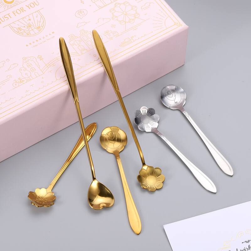 4Pcs 7" Stainless Steel Long Handle Rose Teaspoon Coffee Spoon