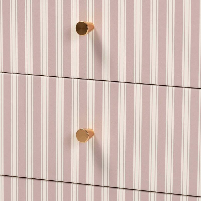 Javianne End Table with Striped Faux Leather - 3-Drawer Storage Cabinet with Gold Knobs