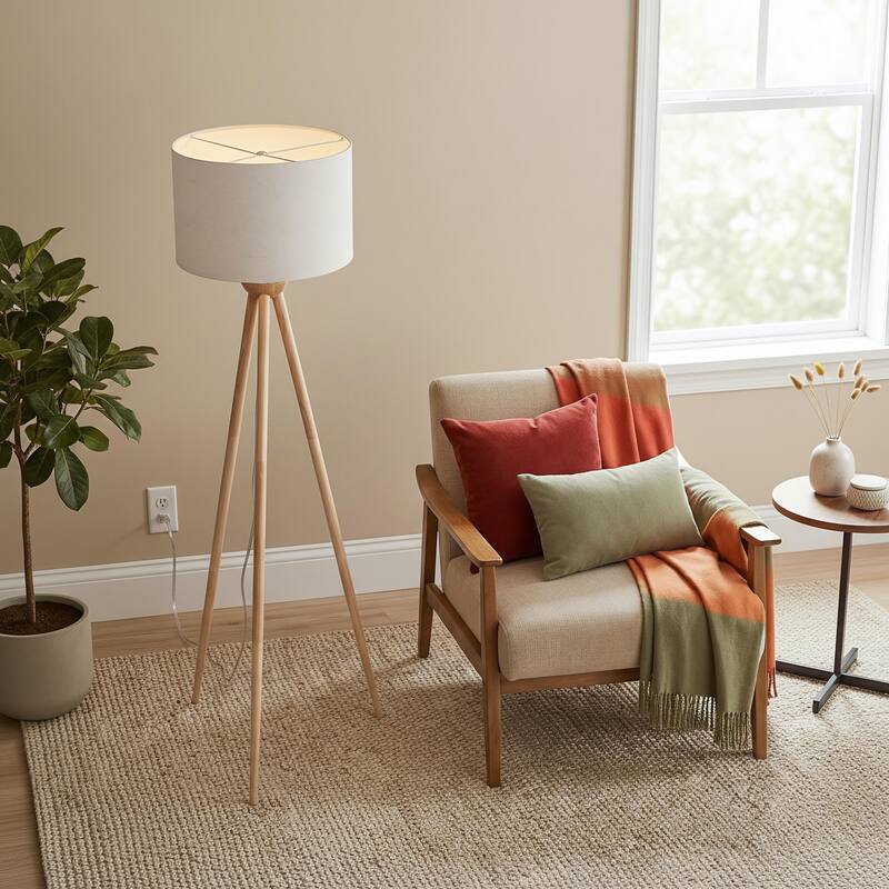 Mary Natural Wood Tripod Floor Lamp with Linen Shade