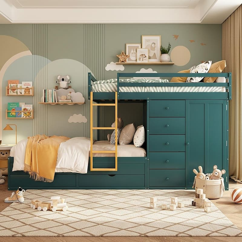 Full Size Bunk Bed with Built-in Drawers, Wardrobe & Ladder by Harper&Bright Designs
