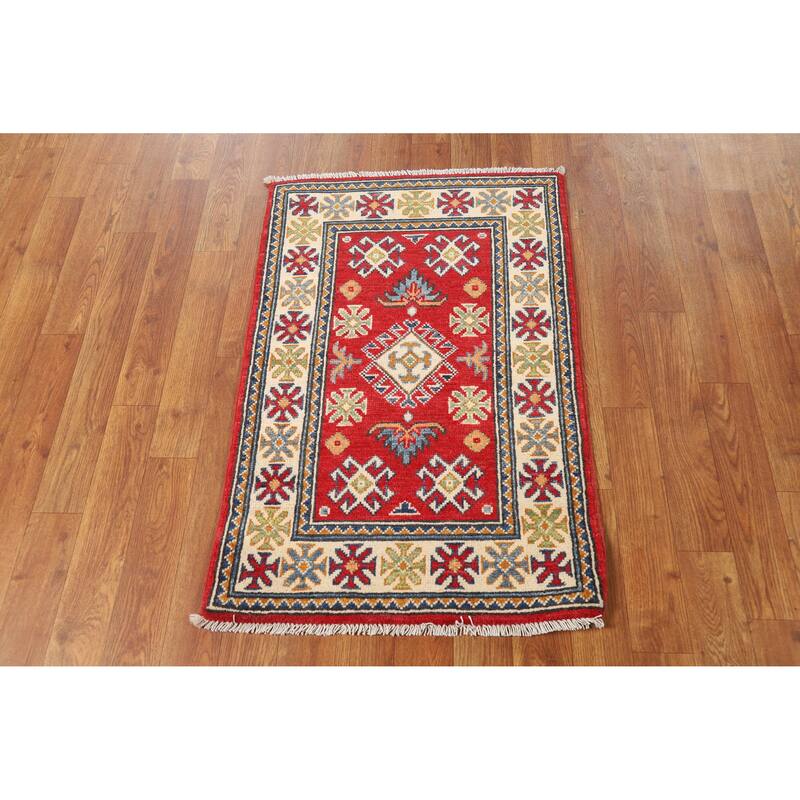 Hand Knotted Oriental 100% Wool Carpet Traditional Geometric Red Kazak Area Rug - 3' 0'' X 2' 0''