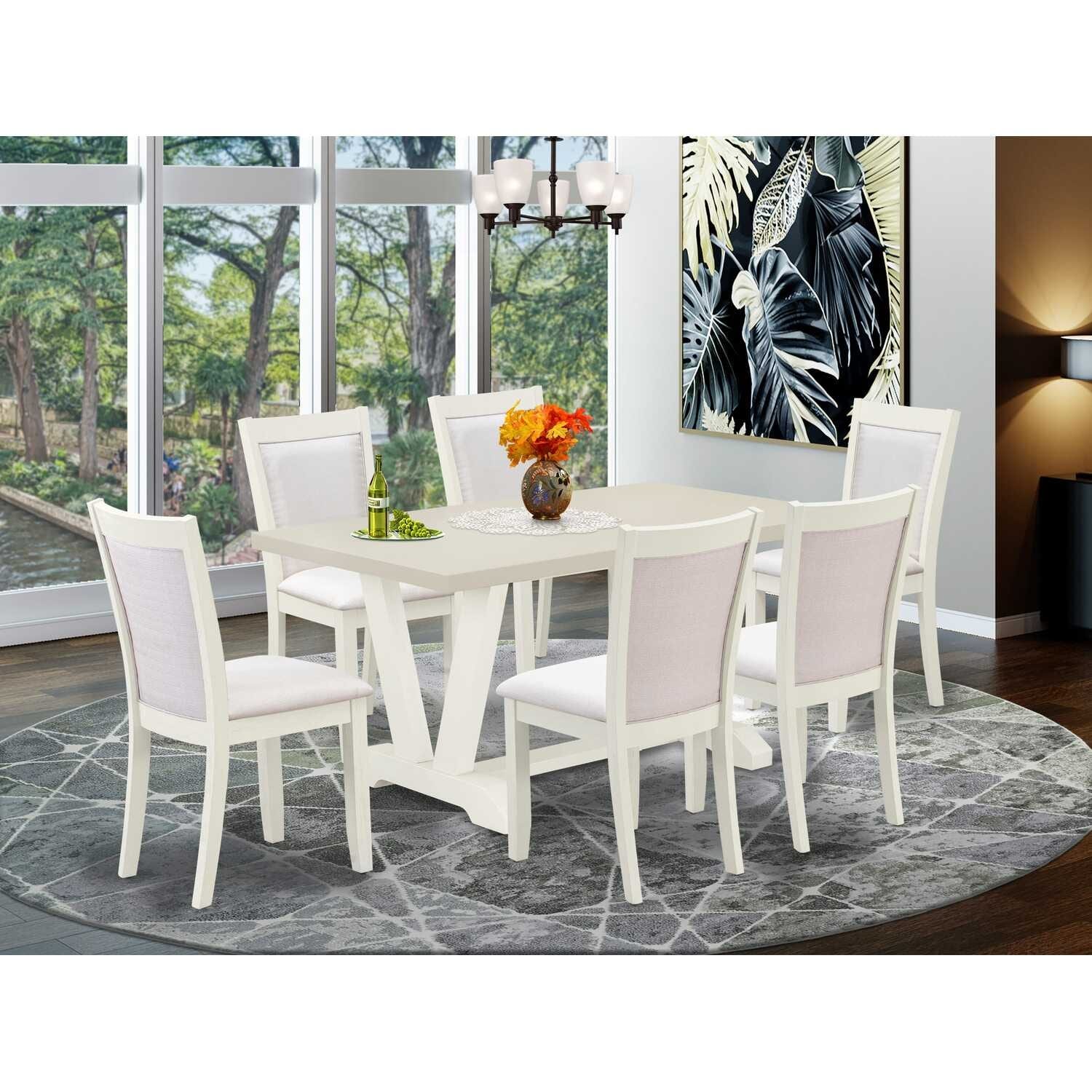 HomeStock 7-Piece Rectangle Wire Brushed Linen White Finish Solid Wood Top Dining Table with 6 Chairs