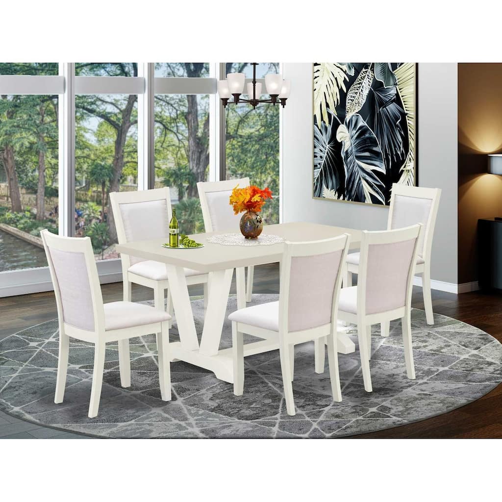 HomeStock 7-Piece Rectangle Wire Brushed Linen White Finish Solid Wood Top Dining Table with 6 Chairs
